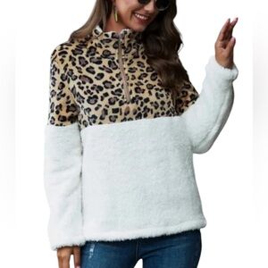 Southern Fried Chics Leopard Print Sherpa 1/4 Zip Pullover Sweater Size XL.